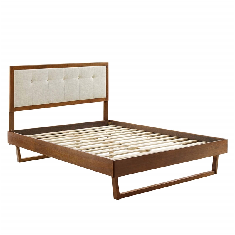 Modway Willow Full Wood Platform Bed with Angular Frame in Walnut/Beige