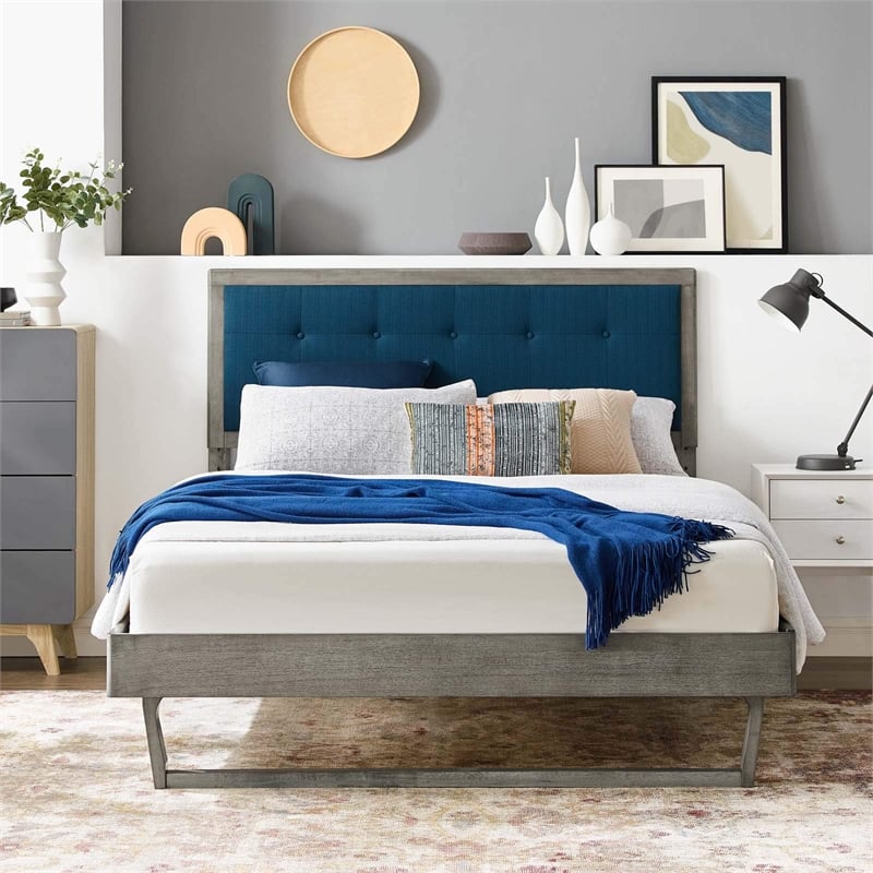 Modway Willow King Wood Platform Bed with Angular Frame in Gray/Azure