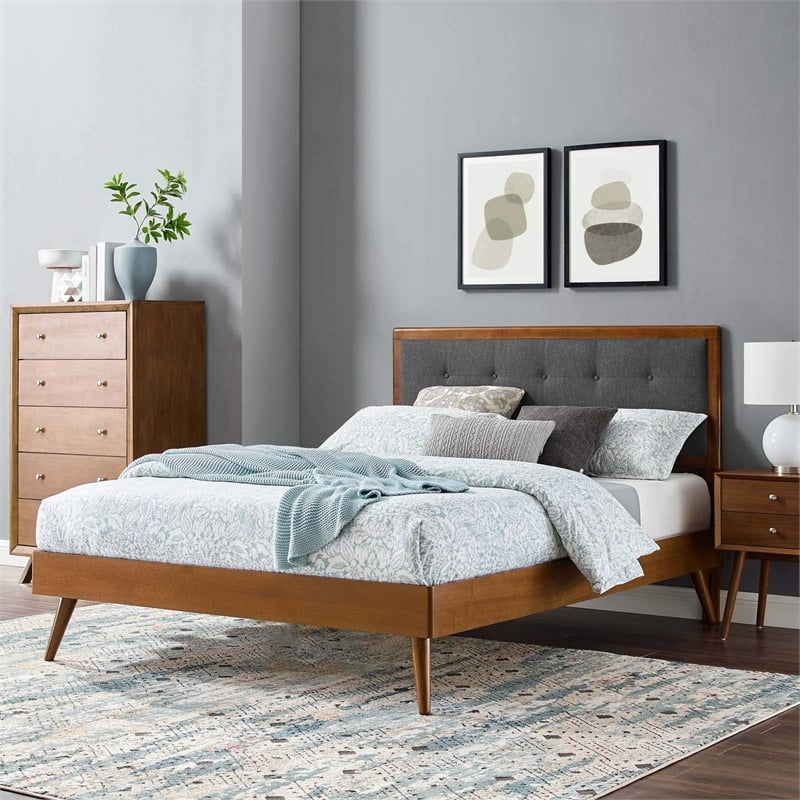 Modway Willow King Wood Platform Bed with Splayed Legs in Walnut/Charcoal