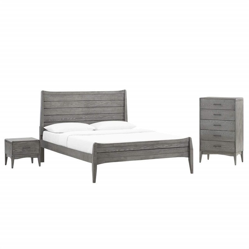 Modway Georgia 3-Piece Rubberwood and MDF King Bedroom Set in Gray