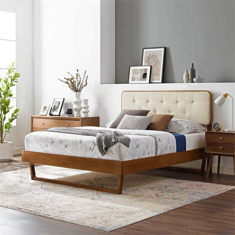 Modway Bridgette Twin Wood Platform Bed with Angular Frame in Walnut/Beige