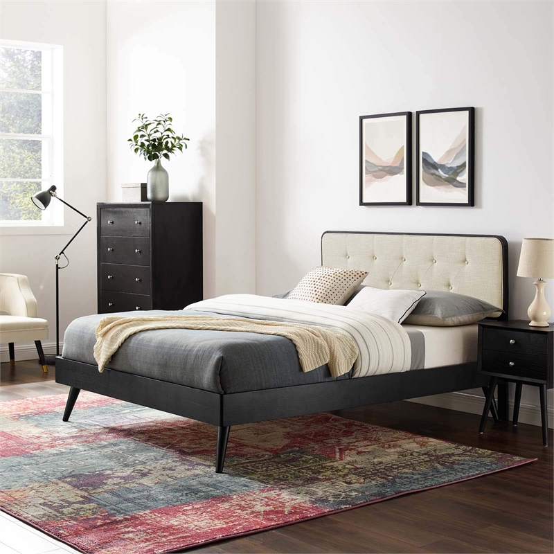 Modway Bridgette Full Wood Platform Bed with Splayed Legs in Black/Beige
