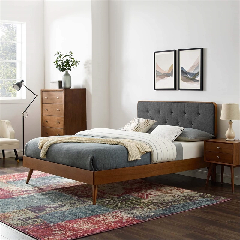 Modway Bridgette Full Wood Platform Bed with Splayed Legs in Walnut/Charcoal