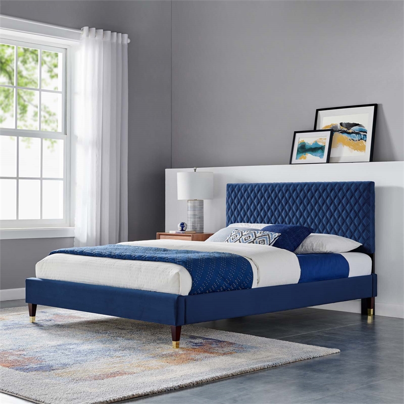 Modway Garcelle Modern Performance Velvet Queen Platform Bed in Navy ...