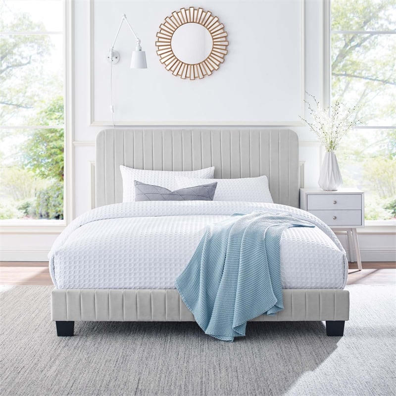 Modway Celine Channel Tufted Performance Velvet Queen Platform Bed in Light Gray