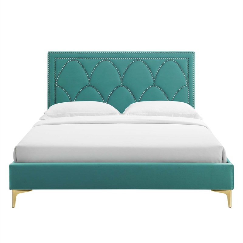 Modway Kendall Velvet Queen Platform Bed with Gold Legs in Teal Green