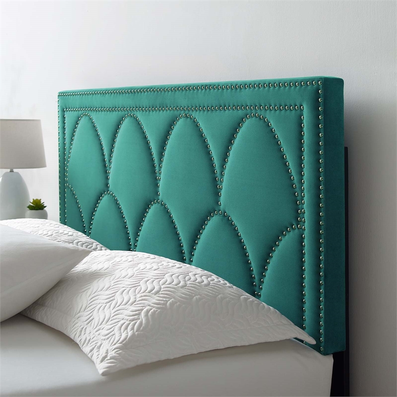 Modway Kendall Velvet Queen Platform Bed with Gold Legs in Teal Green