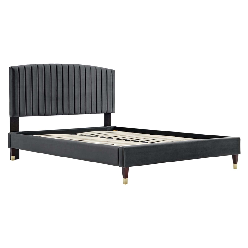 Modway Alessi Velvet Queen Platform Bed with Gold Legs in Charcoal