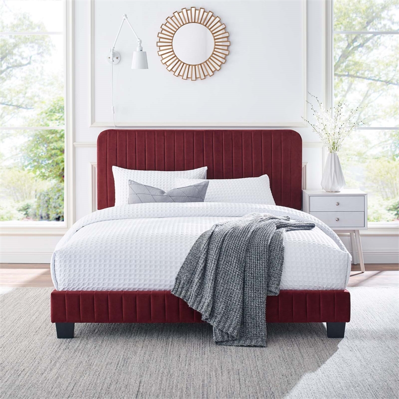 Modway Celine Channel Tufted Performance Velvet Full Platform Bed in Maroon Red