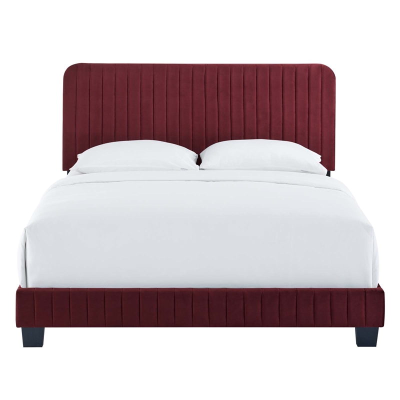 Modway Celine Channel Tufted Performance Velvet Full Platform Bed in Maroon Red