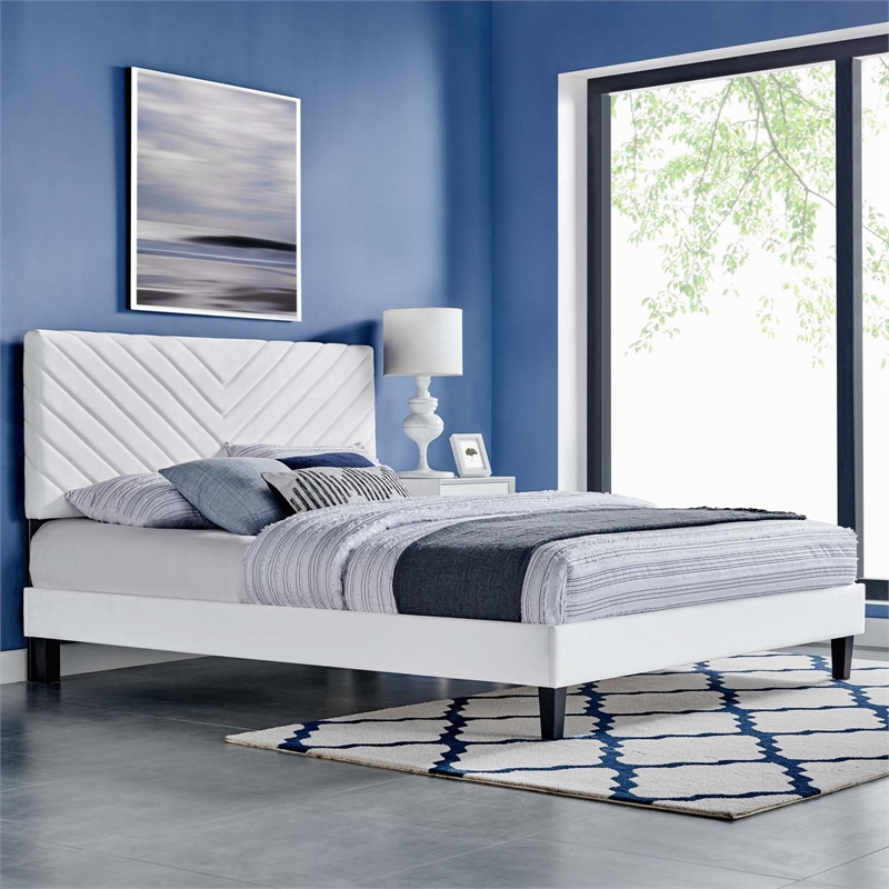 Modway Roxanne Modern Performance Velvet Queen Platform Bed in White