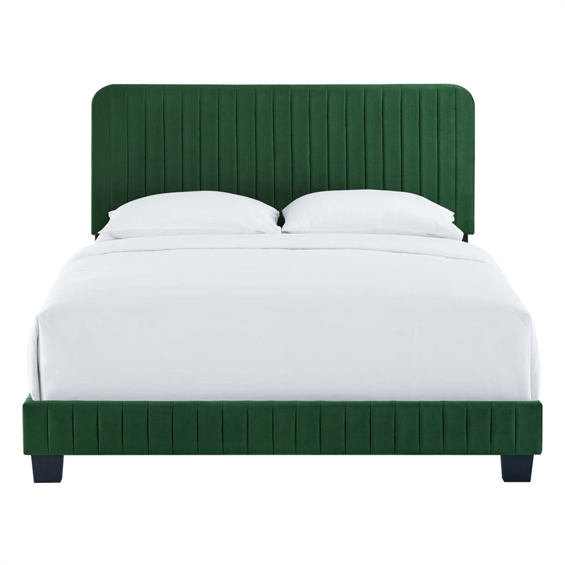 Modway Celine Channel Tufted Performance Velvet Twin Platform Bed in Emerald