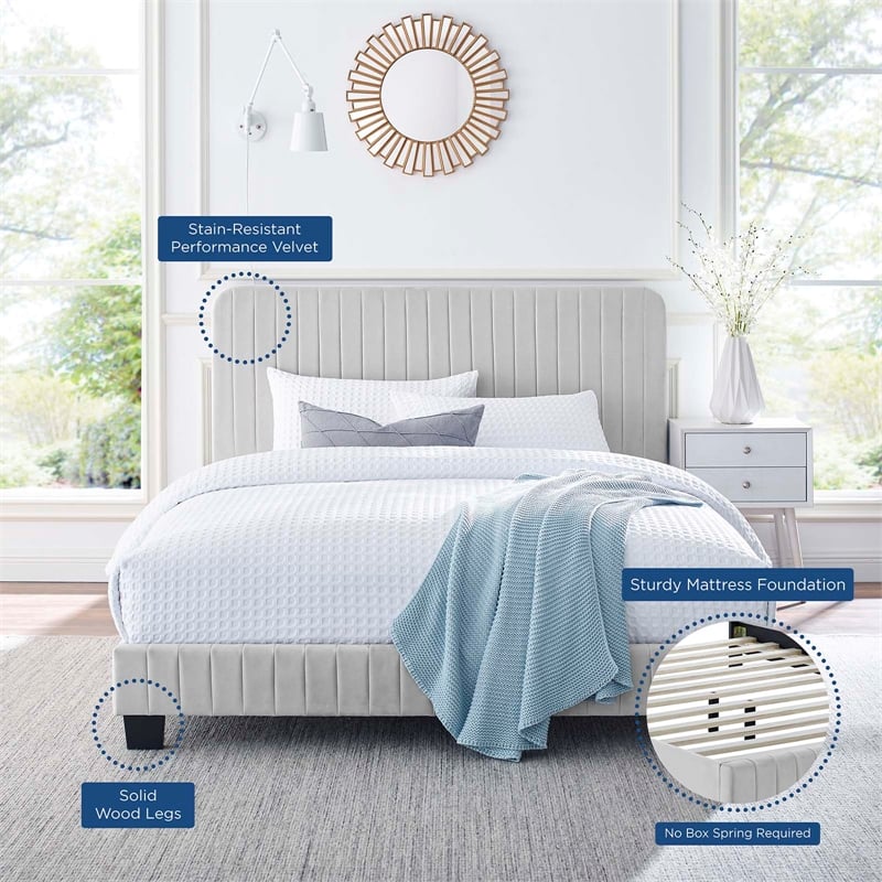 Modway Celine Channel Tufted Performance Velvet Twin Platform Bed in Light Gray
