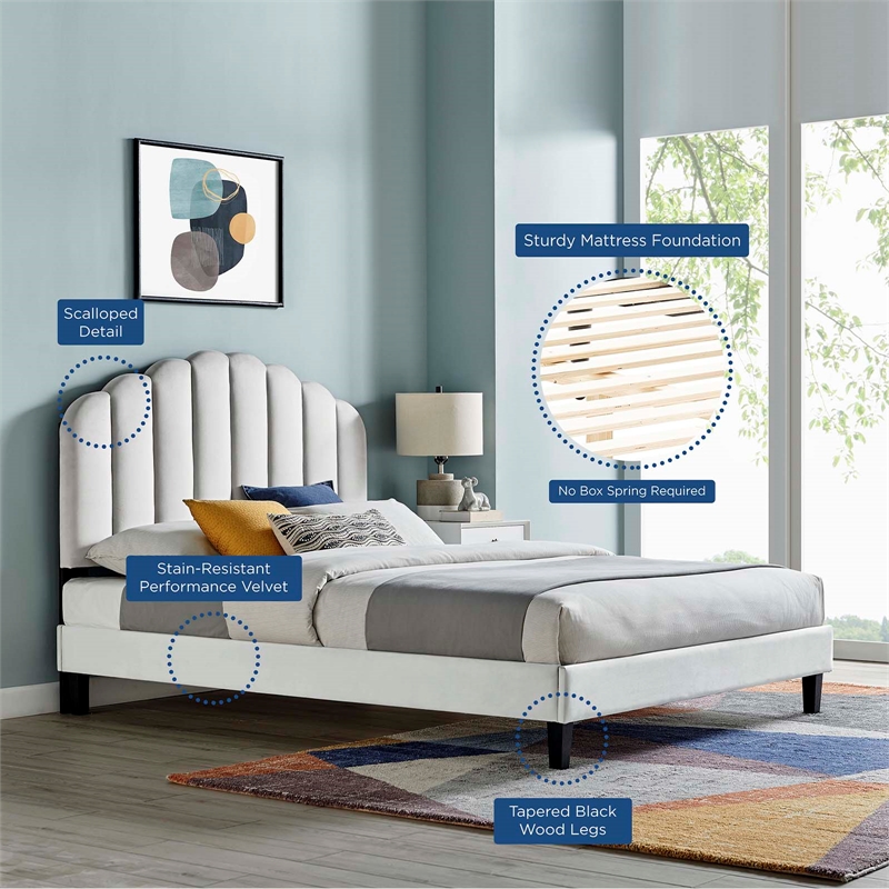 Modway Daisy Modern Performance Velvet Queen Platform Bed in Light Gray