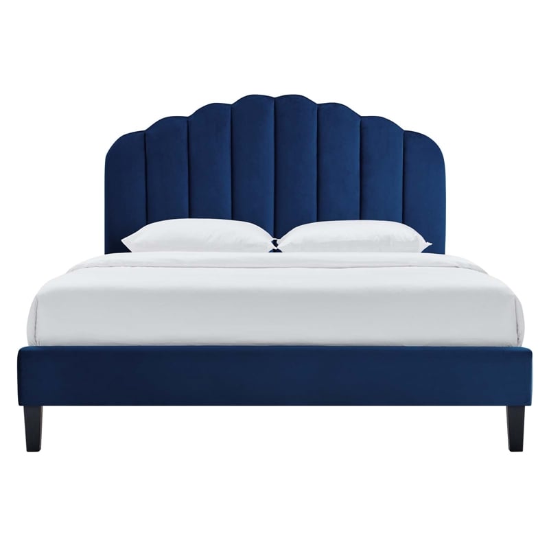 Modway Daisy Modern Performance Velvet Queen Platform Bed in Navy