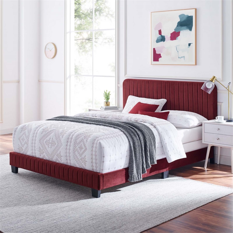 Modway Celine Channel Tufted Performance Velvet Full Bed in Maroon Red