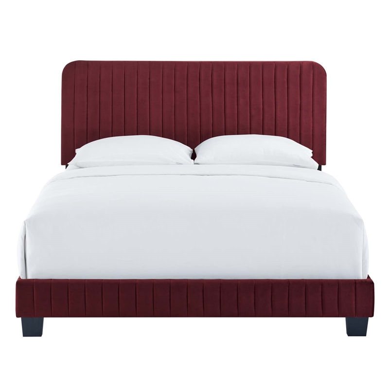 Modway Celine Channel Tufted Performance Velvet Full Bed in Maroon Red