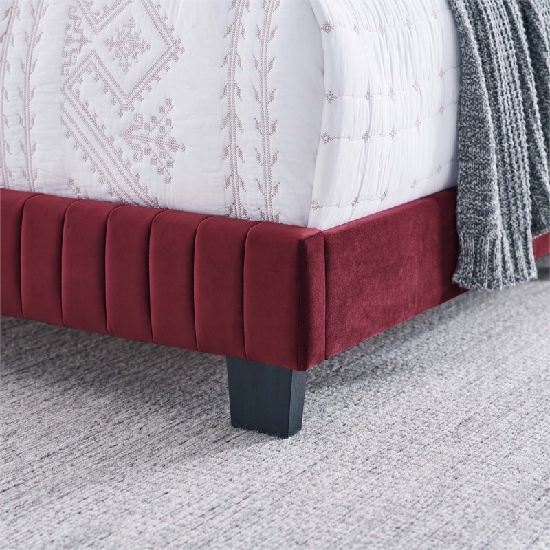 Modway Celine Channel Tufted Performance Velvet Full Bed in Maroon Red