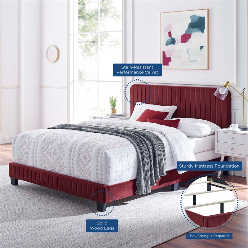 Modway Celine Channel Tufted Performance Velvet Full Bed in Maroon Red