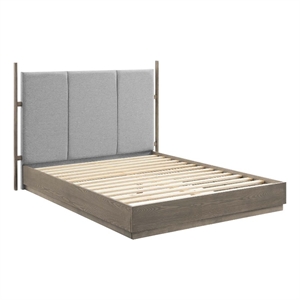 modway merritt upholstered polyester fabric queen platform bed in oak/light gray