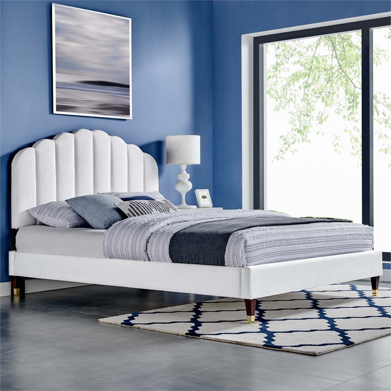 Modway Daisy Modern Performance Velvet Queen Platform Bed in White