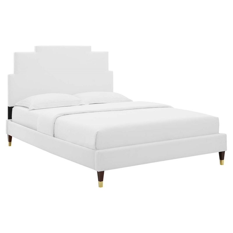 Modway Lindsey Upholstered Velvet Queen Platform Bed in White Cymax