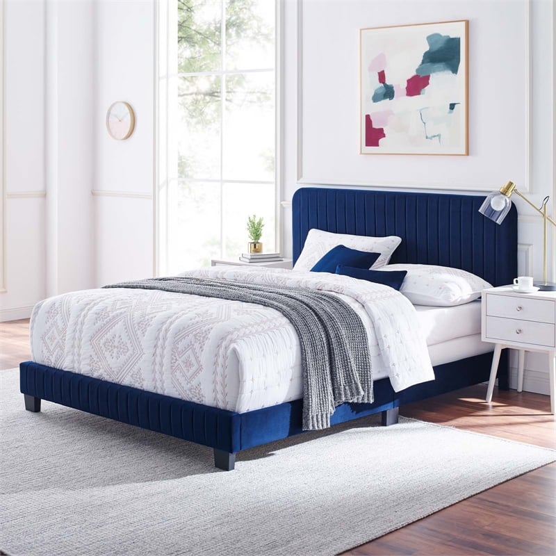 Modway Celine Channel Tufted Performance Velvet Queen Bed in Navy