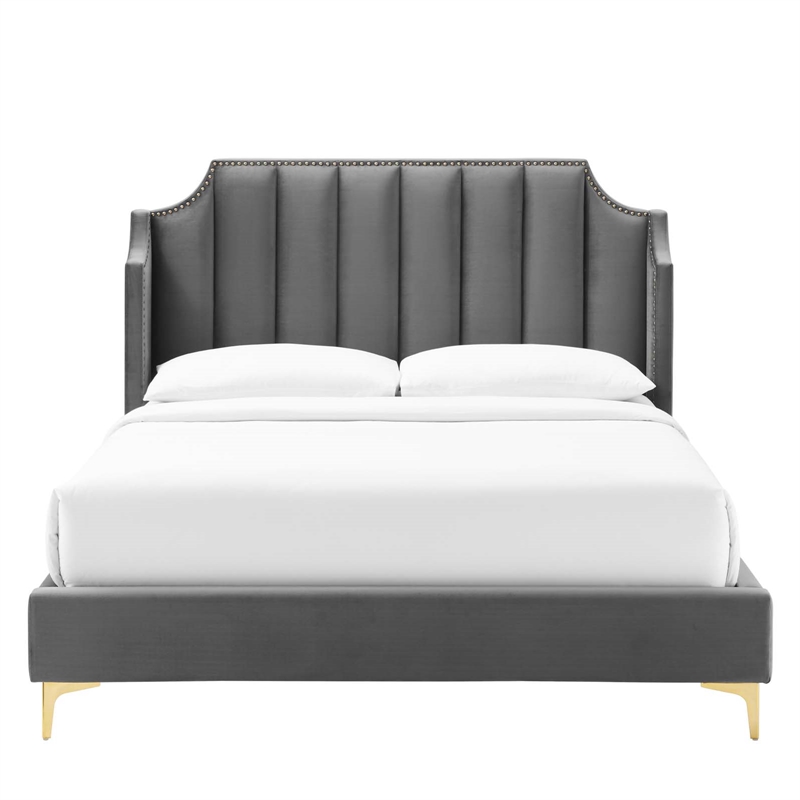 Modway Daniella Performance Velvet Queen Platform Bed in Gray