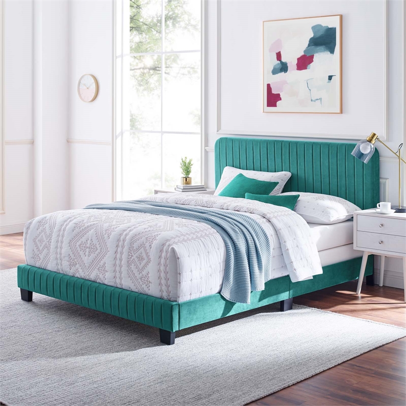 Modway Celine Channel Tufted Performance Velvet Full Bed in Teal Green