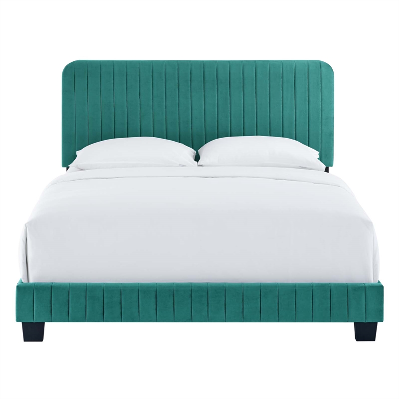 Modway Celine Channel Tufted Performance Velvet Full Bed in Teal Green