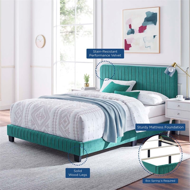 Modway Celine Channel Tufted Performance Velvet Full Bed in Teal Green