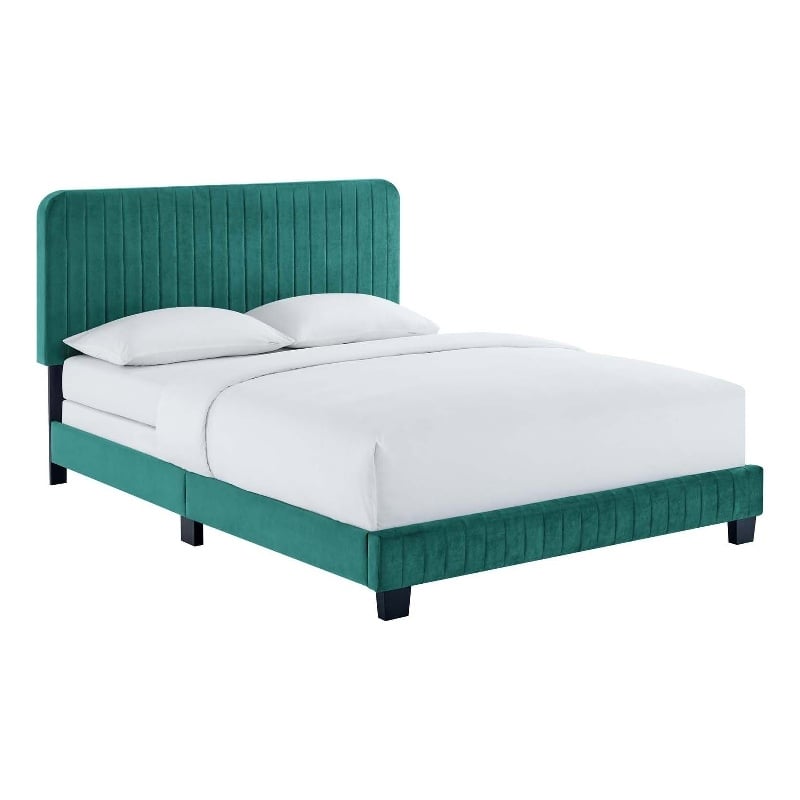 Modway Celine Channel Tufted Performance Velvet Full Bed in Teal Green
