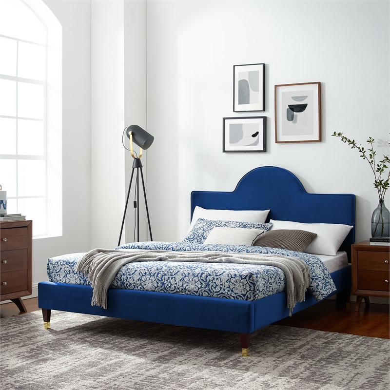 Modway Aurora Stain-resistant Performance Velvet Queen Bed in Navy