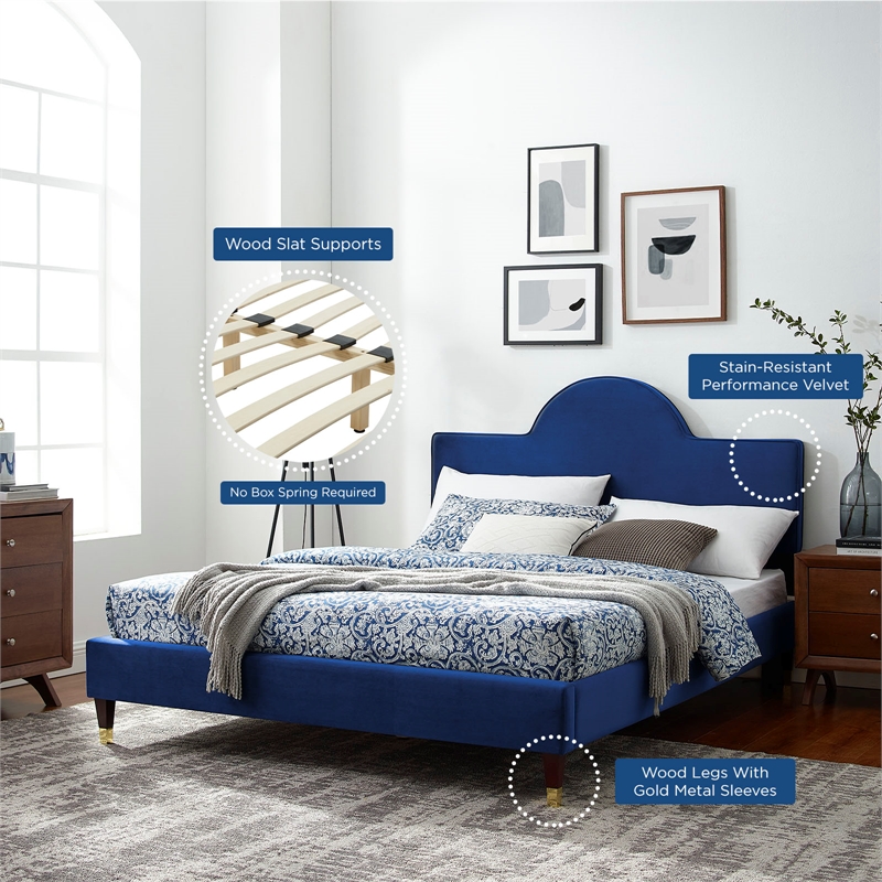 Modway Aurora Stain-resistant Performance Velvet Queen Bed in Navy