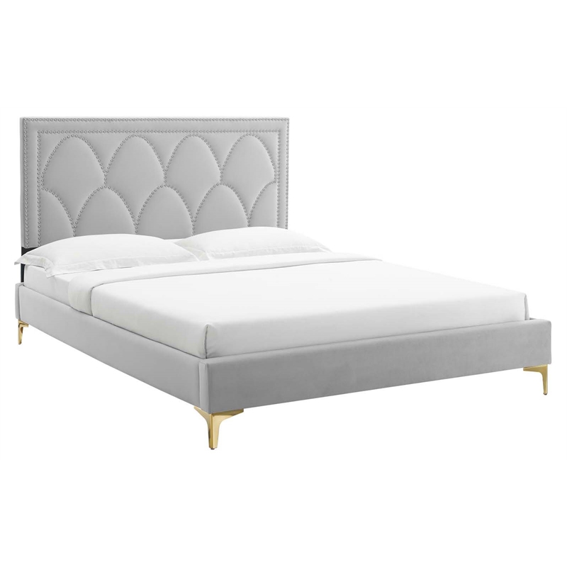 Modway Kendall Velvet Queen Platform Bed with Gold Legs in Light Gray
