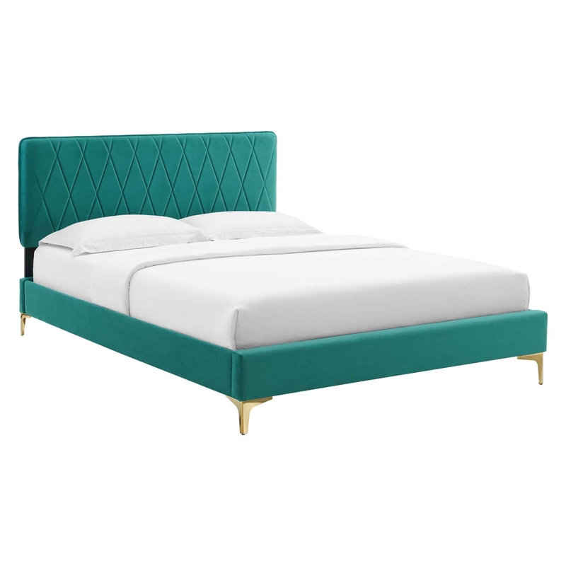 Modway Phillipa Performance Velvet Queen Platform Bed - Teal Green ...