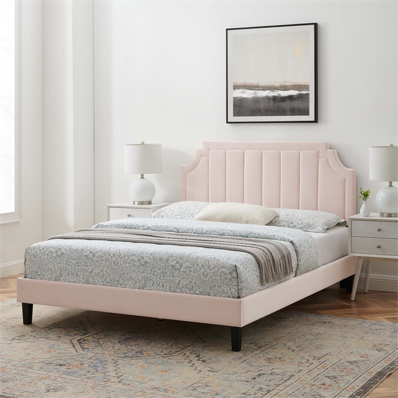 Modway Sienna Modern Performance Velvet Queen Platform Bed in Pink