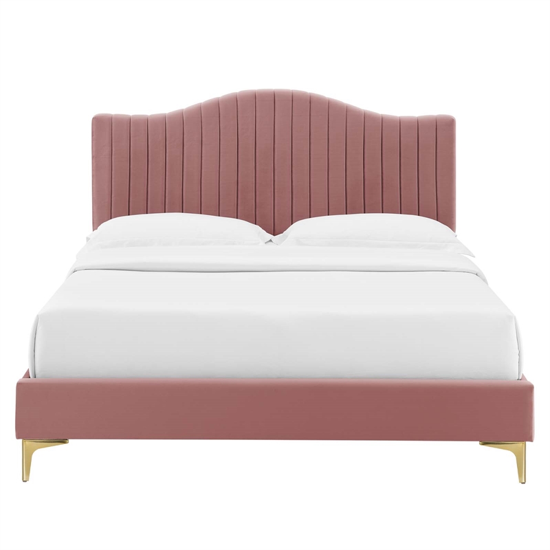 Modway Juniper Channel Tufted Velvet Queen Platform Bed in Dusty Rose