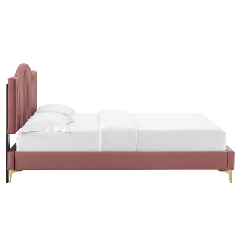 Modway Juniper Channel Tufted Velvet Queen Platform Bed in Dusty Rose