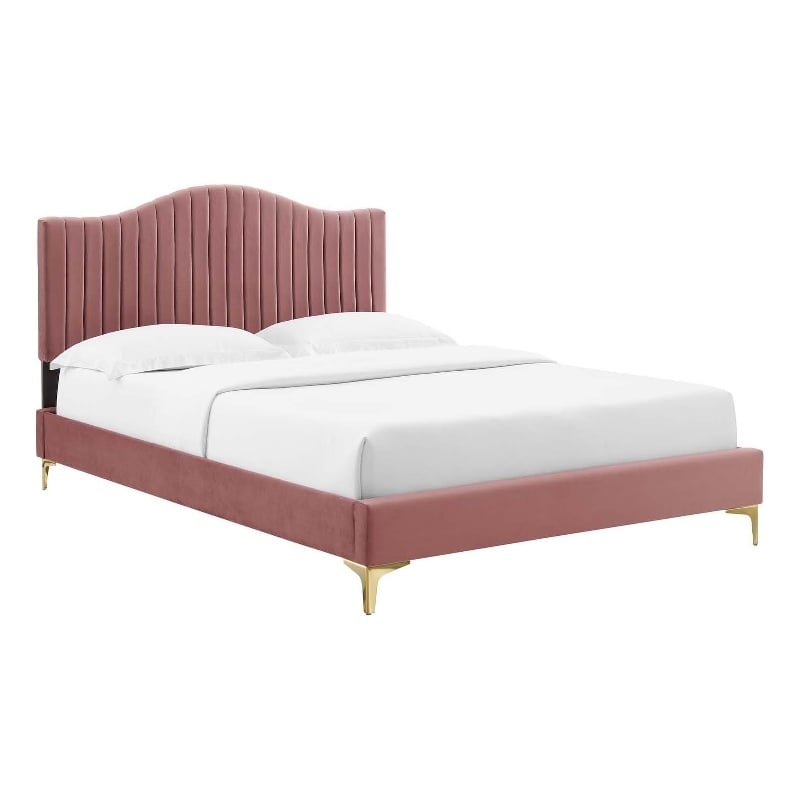 Modway Juniper Channel Tufted Velvet Queen Platform Bed in Dusty Rose