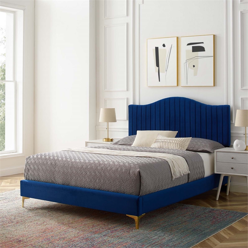 Modway Juniper Channel Tufted Performance Velvet Queen Platform Bed - Navy