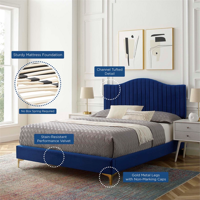 Modway Juniper Channel Tufted Performance Velvet Queen Platform Bed - Navy