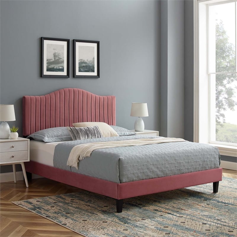 Modway Juniper Channel Tufted Performance Velvet King Platform Bed in Dusty Rose