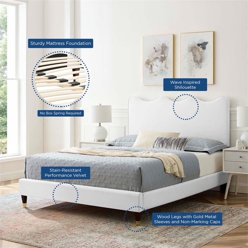 Modway Current Performance Velvet Upholstered Twin Platform Bed in White