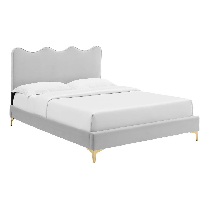 Modway Current Velvet Full Platform Bed with Gold Legs in Light Gray