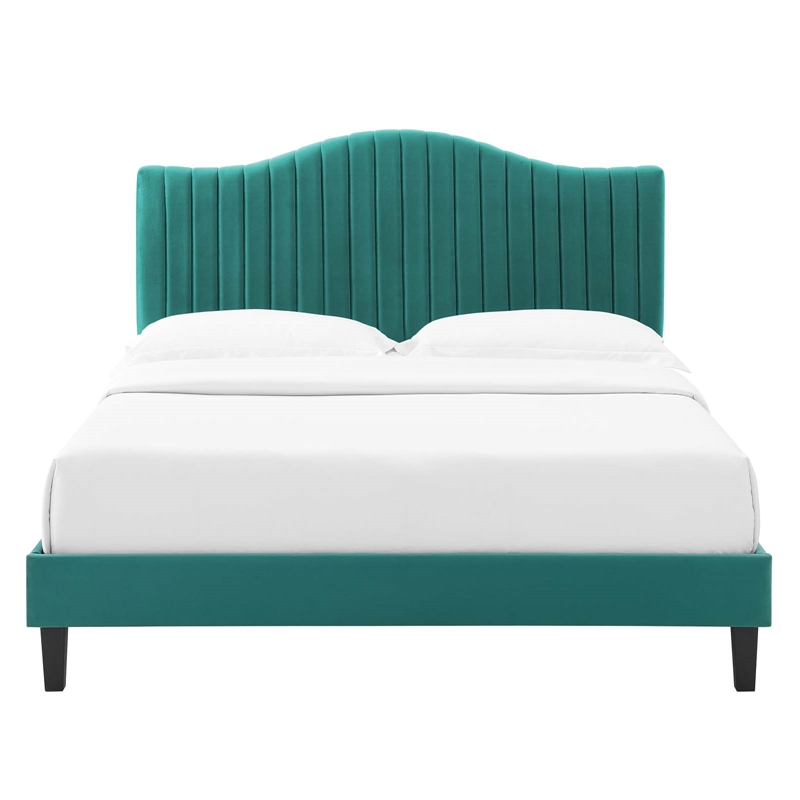 Modway Juniper Channel Tufted Performance Velvet Twin Platform Bed in Teal
