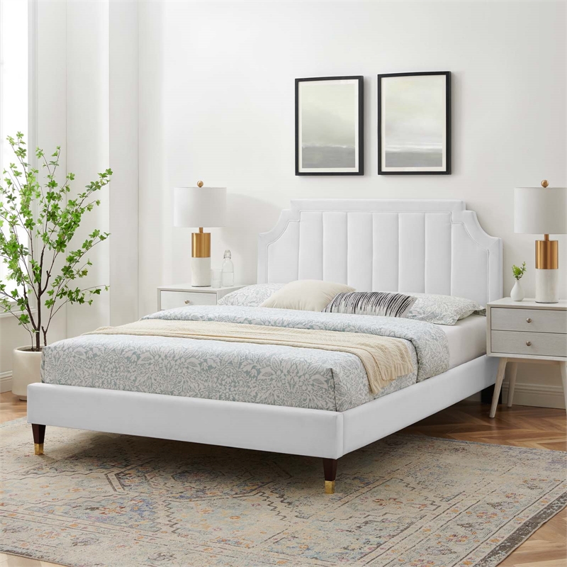 Modway Sienna Modern Style Performance Velvet Queen Platform Bed in White