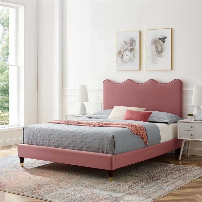Modway Current Modern Style Velvet Queen Platform Bed in Dusty Rose Pink