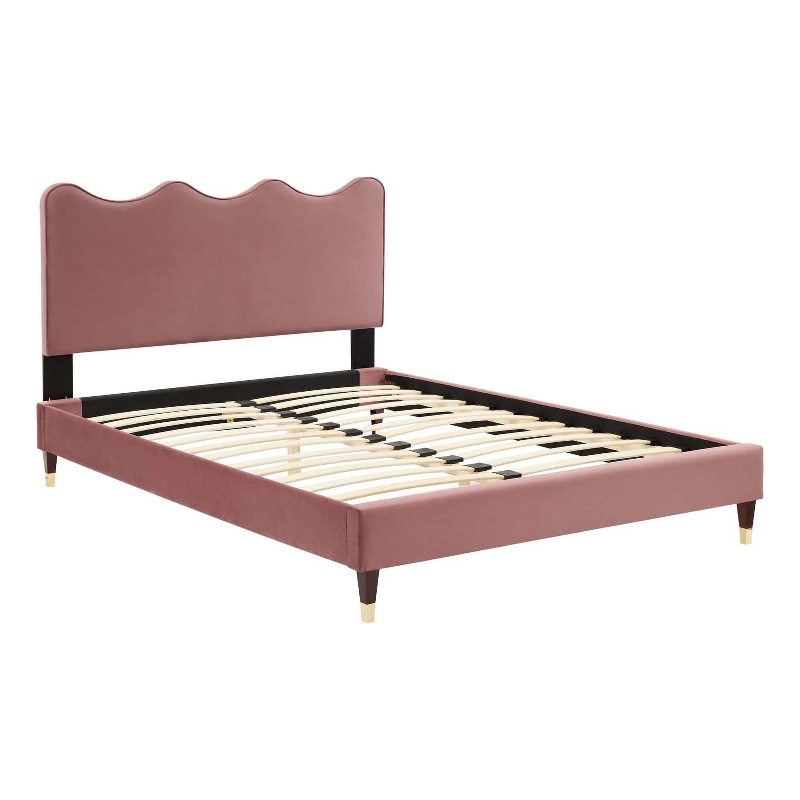 Modway Current Modern Style Velvet Queen Platform Bed in Dusty Rose Pink