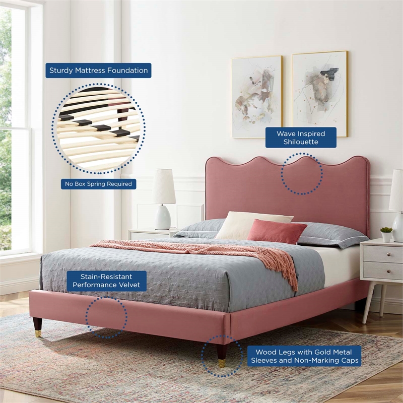 Modway Current Modern Style Velvet Queen Platform Bed in Dusty Rose Pink